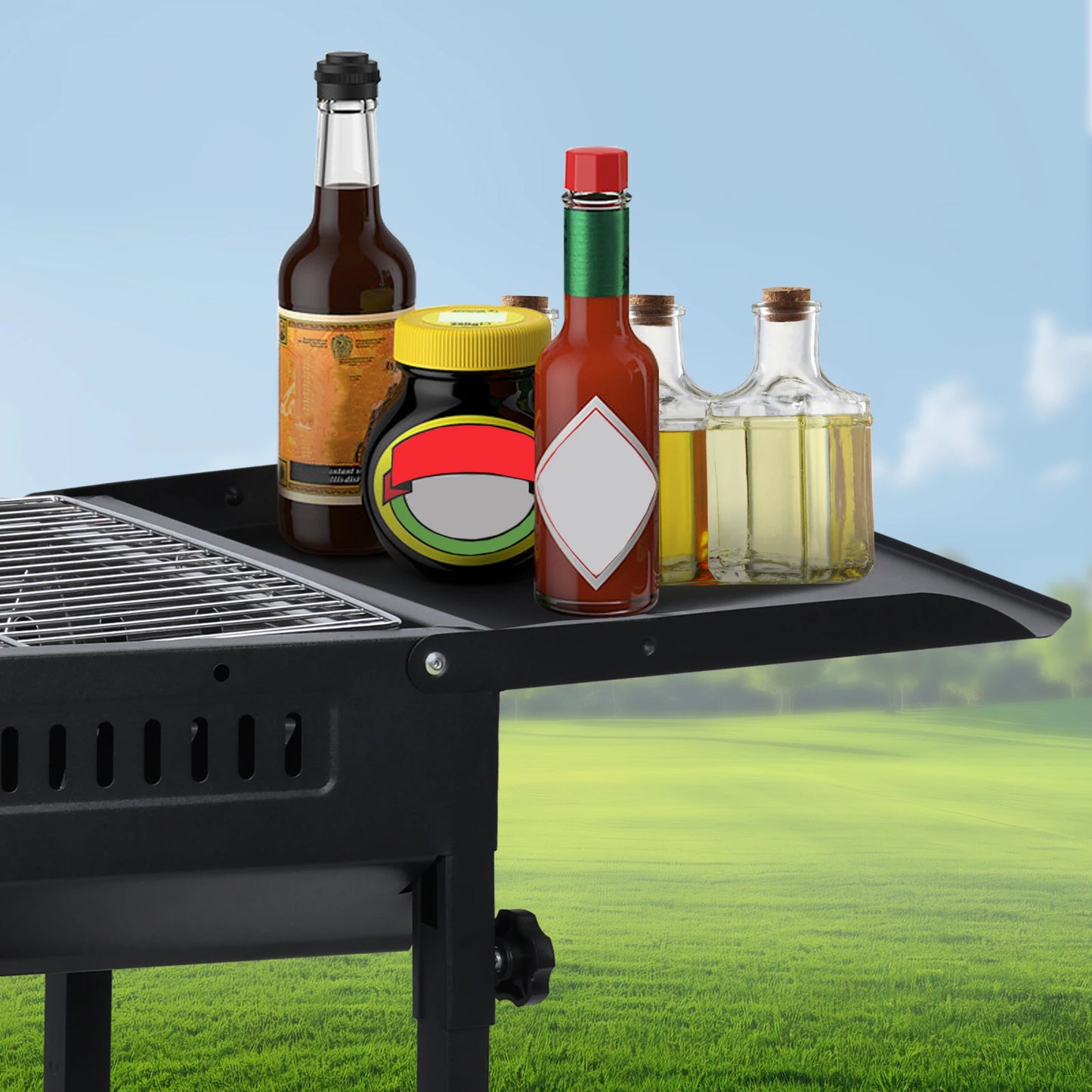 Large Charcoal BBQ Grill, Folded Side Board